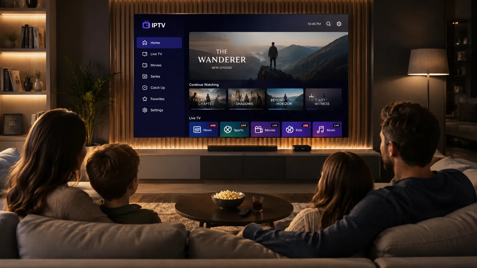 Gezin kijkt IPTV in 4K op de Smart-TV in de woonkamer